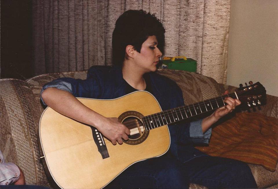 Norma with an East Indian rosewood dreadnought, Blue Island shop, late 70s