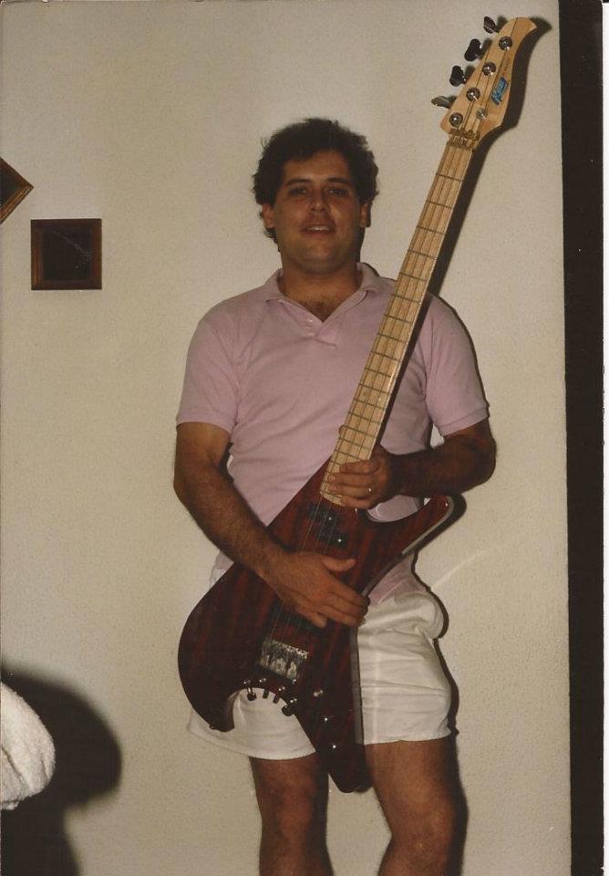 Tim with RT B-8200-001, the first 8-string bass, Blue Island, early 80s